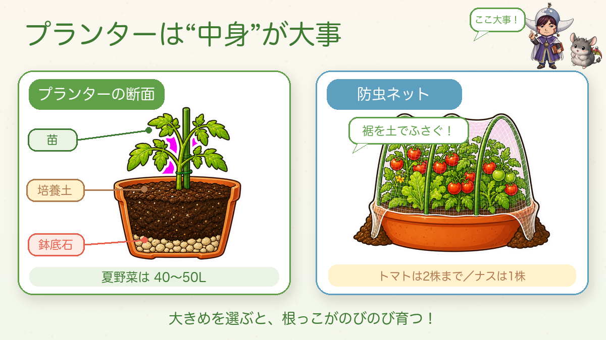 プランターの中身と防虫ネット
