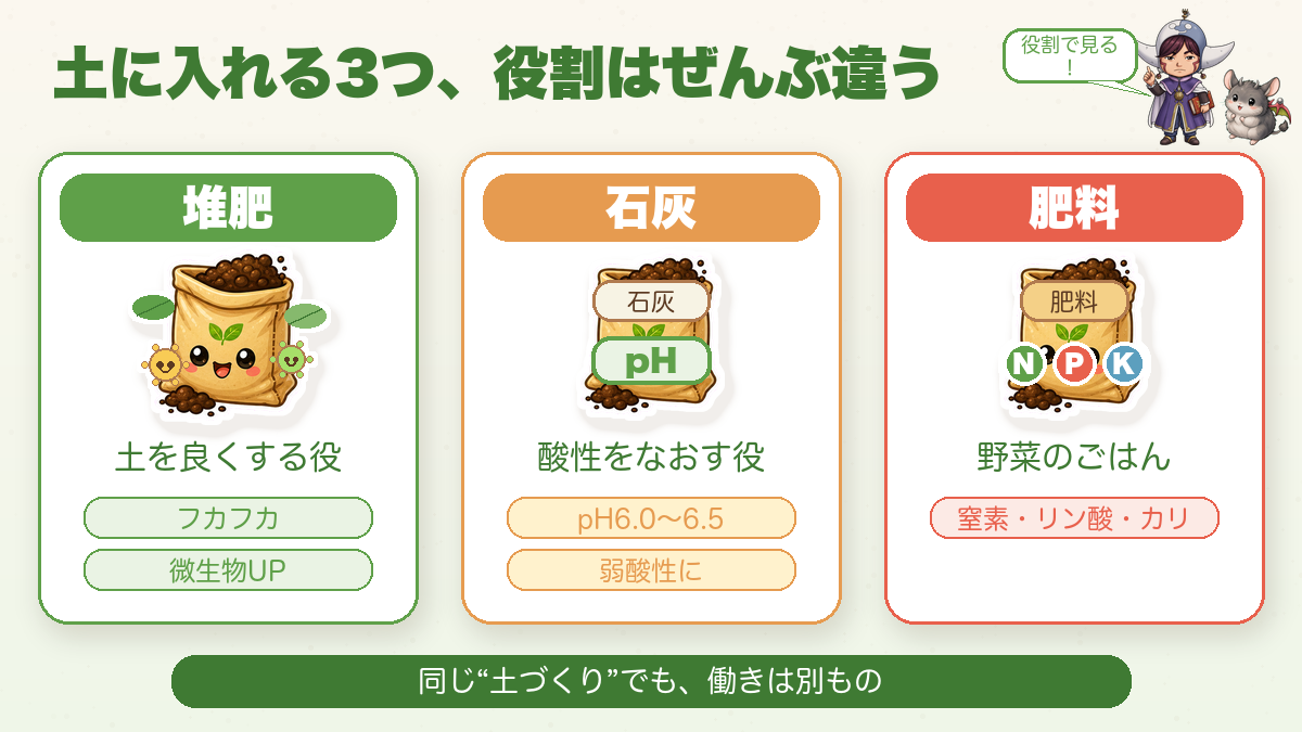 堆肥・石灰・肥料の3つの役割