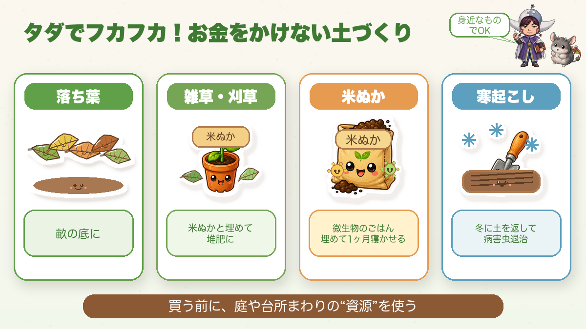 落ち葉や米ぬかでタダの土づくり